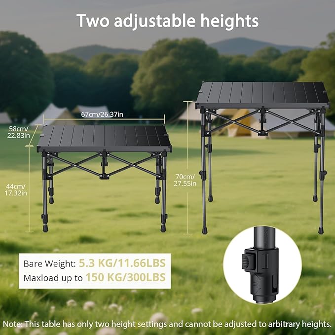 Anbte Camping Table Foldable, 2 Height Max 27.5" Aluminum Roll up Camping Table with Carry Bag & Heat-Resistant Tabletop, Lightweight, for Indoor Outdoor RV BBQ Picnic Patio Beach, 26" x 23", Black