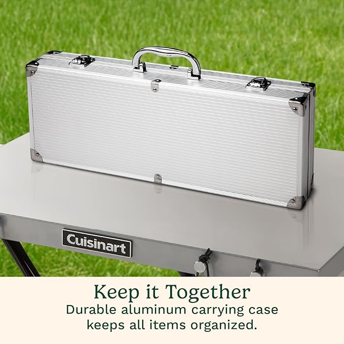 Cuisinart 14-Piece Deluxe Stainless Steel Grill Set, Grilling Accessories Kit with Spatula, Tongs, Corn Holders, Basting Brush, Cleaning Brush & Aluminum Carry Case, BBQ Tools for Outdoor Grill