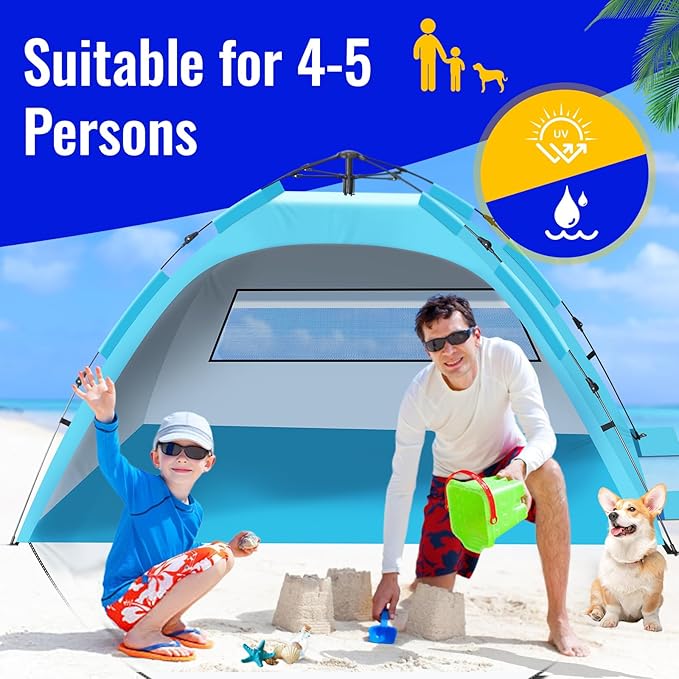 Beach Tent Sun Shade for 4-5 Person, Two Doors Large Pop Up Beach Tents for Adults and Kids, Portable Automatic Instant Sun Shelter Canopy Tent UV 50+, Ideal for Garden, Fishing, Picnic