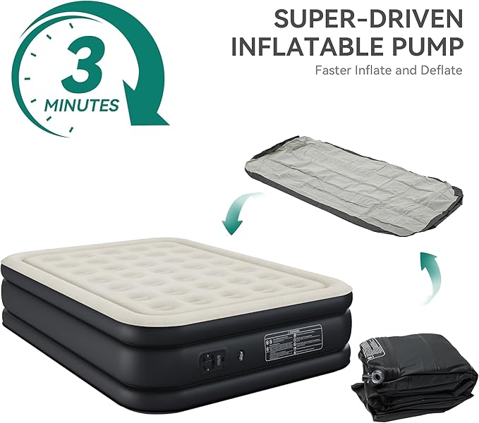 YITAHOME Full Air Mattress with Built-in Pump, 18-Inch Foldable Inflatable Bed with Carry Bag and Repair Patch, Deluxe Raised Air Mattress for Home, Travel, and Camping, Black