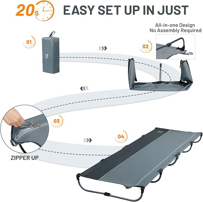 TIMBER RIDGE 20-Second Quick Set-Up Camping Cot, Lightweight Aluminum Folding Cot with Zipper Closure, Portable Carry Bag Included for Camping, Travel and Outdoors, Support up to 225lbs, Grey