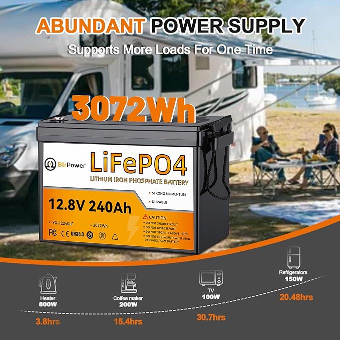 12V 240Ah Lithium Battery LiFePO4 Deep Cycle Battery,100A BMS,4000+ Cycles,Perfect for RV, Home Storage,Marine,Solar Power System and Outdoor Camping.
