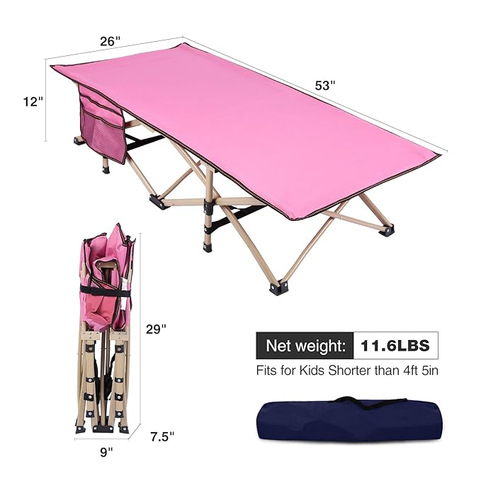 REDCAMP Extra Long Kids Cot for Sleeping 2-7 Years, Portable Travel Toddler Cot Bed with Carry Bag, Lightweight for Outdoor Indoor Home, Pink 53''x26''