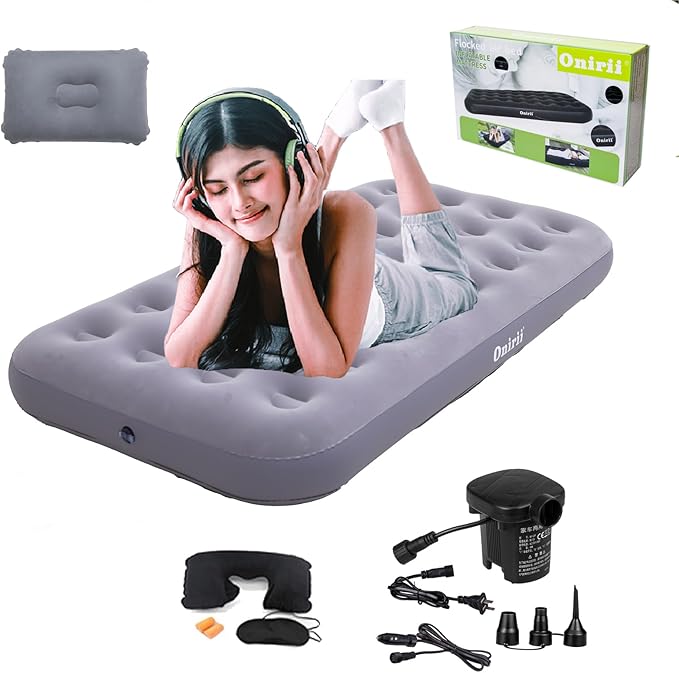 Twin Size Single Camping Air Mattress Bed with Air Pump,75"x 39"Thickened Portable Inflatable Mattress Blow Up Air Mattress,Travel Sleeping Bed Pad for Camping Home Hiking(Gray)