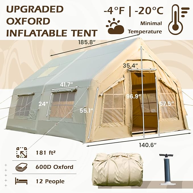 YOLENY Inflatable Tents for Camping, 6-12 Person Blow Up Tent with TPU Skylight, Canopy, Mesh Windows, Stove Jack & Pump, 4 Season Large Inflatable Tent, Waterproof & Windproof