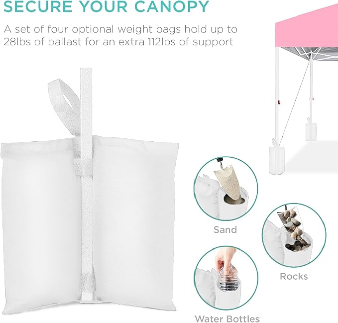 Best Choice Products 8x8ft Pop Up Canopy Tent, Outdoor Shade, 1 Person 1 Minute Set Up, Carry Case, 4 Weight Bags - Pink/White