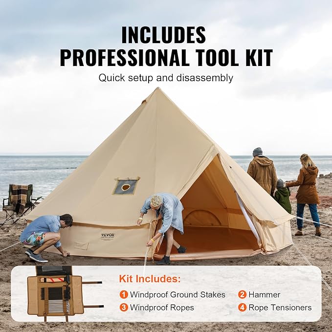 VEVOR Canvas Tent Bell, Yurt 4 Seasons for Camping with Stove Jack, Breathable Holds up to 4 People, Family Camping Outdoor Hunting Party