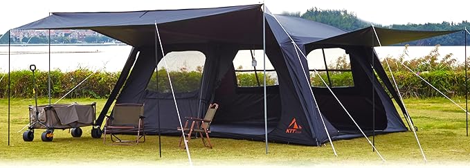 KTT Extra Large Tent 12 Person(A),Awning Family Cabin Tents,2 Rooms,4 Doors and 4 Windows with Mesh,Straight Wall,Waterproof,Double Layer,Big Tent for Outdoor,Picnic,Camping,Family Gathering。