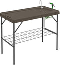 Outsunny Folding Fish Cleaning Table, Portable Camping Sink Station with Faucet, Drainage Hose, Sprayer, Grid Rack and Knife Groove, Outdoor Fillet Table for Picnic Beach Patio, Tan