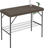 Outsunny Folding Fish Cleaning Table, Portable Camping Sink Station with Faucet, Drainage Hose, Sprayer, Grid Rack and Knife Groove, Outdoor Fillet Table for Picnic Beach Patio, Tan