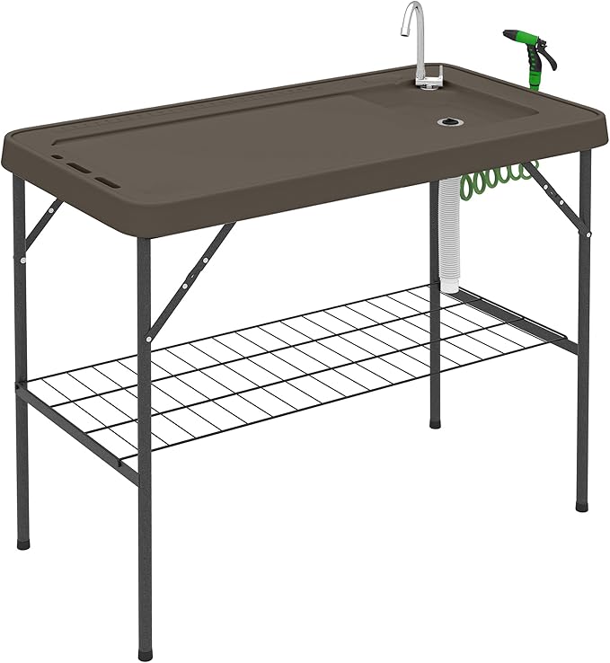 Outsunny Folding Fish Cleaning Table, Portable Camping Sink Station with Faucet, Drainage Hose, Sprayer, Grid Rack and Knife Groove, Outdoor Fillet Table for Picnic Beach Patio, Tan