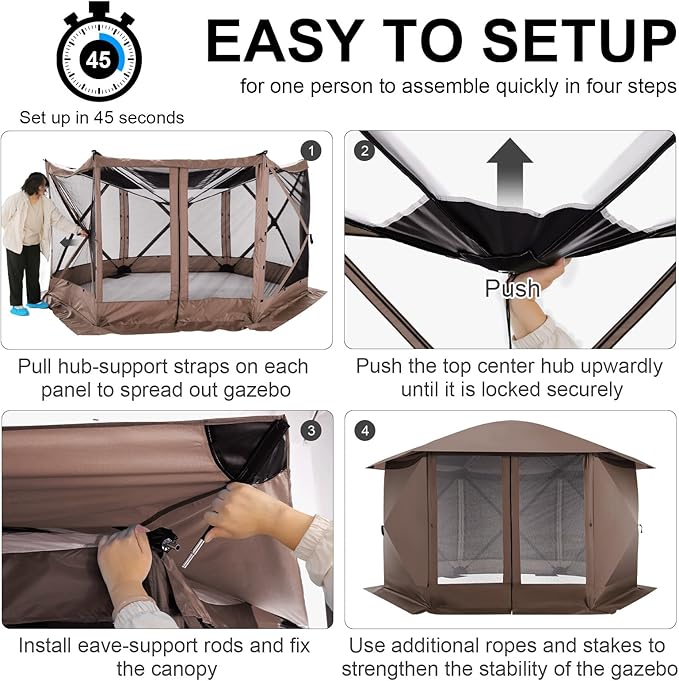 COBIZI 12x12FT Pop Up Gazebo Screen Tent Screen House for Camping, Screen Room with Mosquito Netting, Hub Tent Instant Screened Canopy with Carrying Bag and Ground Stakes, Brown