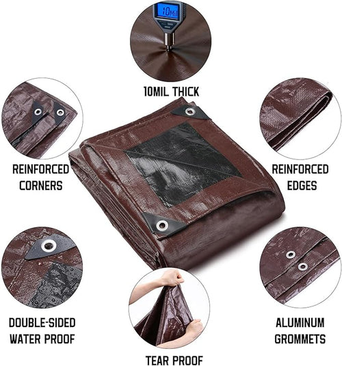 10 x 10 FT Waterproof Heavy Duty Tarp, 10 Mil Thick, Outdoor Furniture Covers, Plastic Insulated Tarpaulin for Camping Tent Roof Boat Patio Pool Cover, Large & Small Multi-Size Tarps, Brown/Black