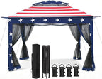COOS BAY Pop up Gazebo 11x11, Instant Canopy Tent with Mesh Netting, Patio Gazebo with 121 Square Feet of Shade, 4 Weight Bags Included, American Flag