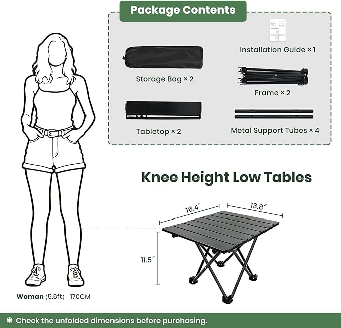 2 Pack Portable Camping Table Foldable, Ultralight Small Folding Beach Table with Carry Bag for Outdoor Travel, Beach, Camp, Picnic, BBQ, Cooking, Festival, Boat, Home Use (Black-S)