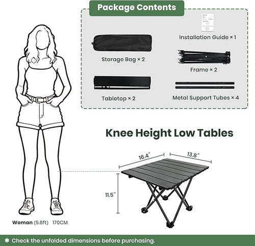 2 Pack Portable Camping Table Foldable, Ultralight Small Folding Beach Table with Carry Bag for Outdoor Travel, Beach, Camp, Picnic, BBQ, Cooking, Festival, Boat, Home Use (Black-S)