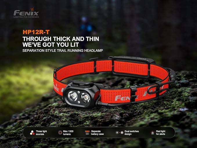 Fenix HP12R-T 1300 Lumen Rechargeable Running Headlamp – Split Battery Design, White/Neutral White/Red Light Modes with Lumentac Organizer (Red)