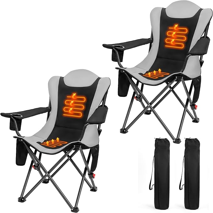 OUTSIDER Heated Camping Chair Heavy Duty 3-Position Folding Camp Chair with 3 Heat Levels,Cup Holder & Side Storage-Outdoor Heating Camping Chair for Adults, Supports 350lbs Battery Not Included(2pcs)
