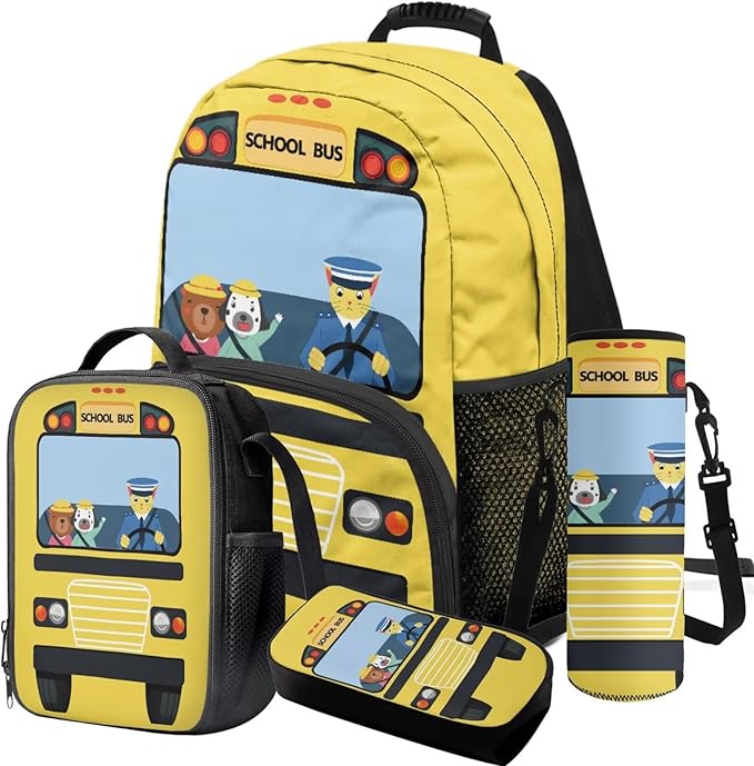 School Bus Backpack and Lunch Box Cool Kids Backpack Lightweight Portable Bookbag and Lunch Box Set for Boys 4pcs School Bag for Boys 6-7 Outdoor Travel Daypack Hiking Camping