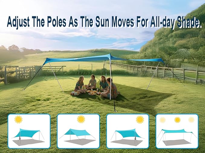 10×10ft UPF50+ Beach Tent Sun Shelter, Windproof Stable Outdoor Pop Up Beach Shade Canopy for Camping, Fishing, Backyard Fun or Picnics, 4 Poles
