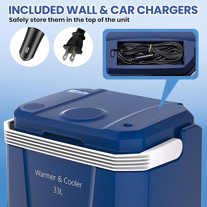 35 QT (33 L) Electric Cooler & Warmer, Portable Car Refrigerator With Automatic Locking Handle, 12V Car Cooler for Vehicle & Trucks, 110V AC Home Power Cord, Plug In Coolers,Blue