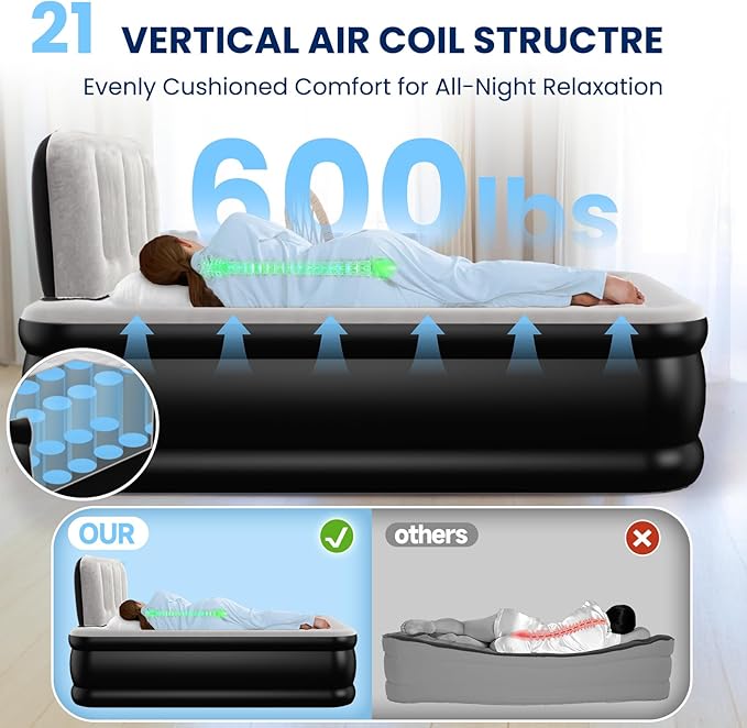 Twin Air Mattress with Headboard, Built-in Pump, 600 lbs Heavy-Duty Support, 19" Raised Comfort Design, 48-Hour Leak-Tested PVC, 2.5 Min Fast Inflation, Inflatable Mattress for Home, Guests & Camping