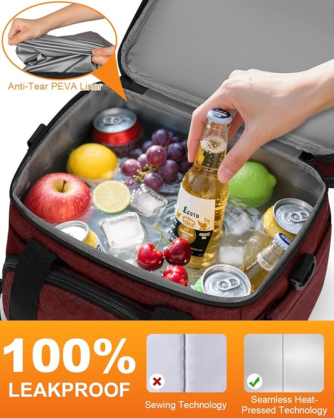 Lunch Box For Men Women Double Deck Insulated Lunch Bag For Men Woman Leakproof Expandable Cooler Bag with Adjustable Shoulder Strap for Work Shool Picnic(Wine Red,Medium)