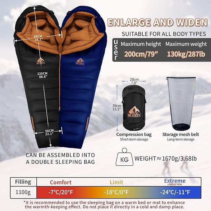 Down Backpacking Sleeping Bag 680FP. Cold Weather Sleeping Bag 0°F-32°F (Multiple Temperature Options), XL Large 4 Season Sleeping Bag for Adults Camping Hiking Mountaineering.