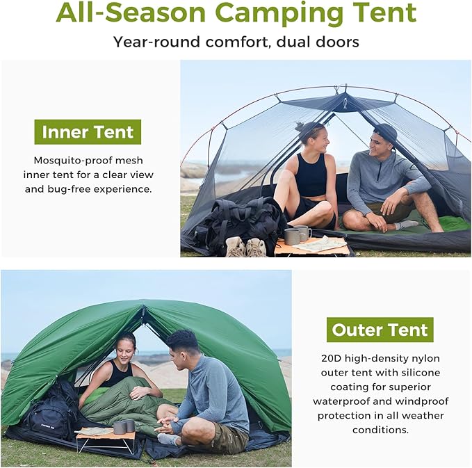 ATEPA Voyage 1-2 Person Backpacking Tent, 4 Season Ultralight Camping Tent, 4000mm Waterproof Double Layer Cold Wearther Easy Set Up Tent for Family Camp Hiking Hunting Outdoor Mountaineering Travel