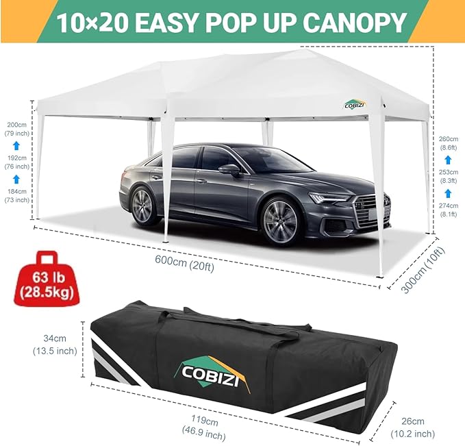 COBIZI Canopy 10x20 Pop Up Canopy Tent with 6 Sidewalls Easy Pop Up Tent 10x20 Waterproof Commercial Instant Shelter UPF 50+ Portable Gazebo Wedding Tents for Parties Carport Vender Events