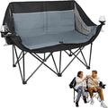 Double Camping Chair for Adults - Heavy Duty 700LB Oversized Padded Camping Loveseat, 2 Person Folding Outdoor Chair with Cup Holders for Lawn, Backyard (Grey)