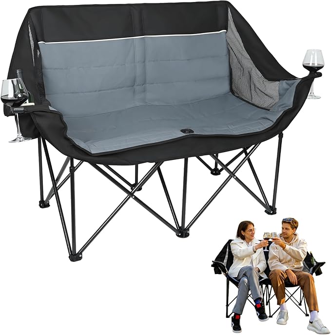 Double Camping Chair for Adults - Heavy Duty 700LB Oversized Padded Camping Loveseat, 2 Person Folding Outdoor Chair with Cup Holders for Lawn, Backyard (Grey)