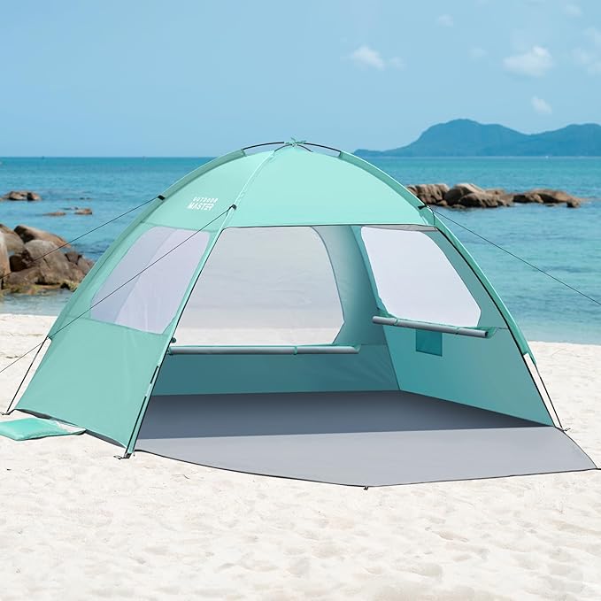 OutdoorMaster Beach Tent for 3/4/6/8 Person - Easy Setup Sun Shade Shelter, Portable Beach Shade Sun Canopy with UPF 50+ UV Protection, Removable Skylight Family Size