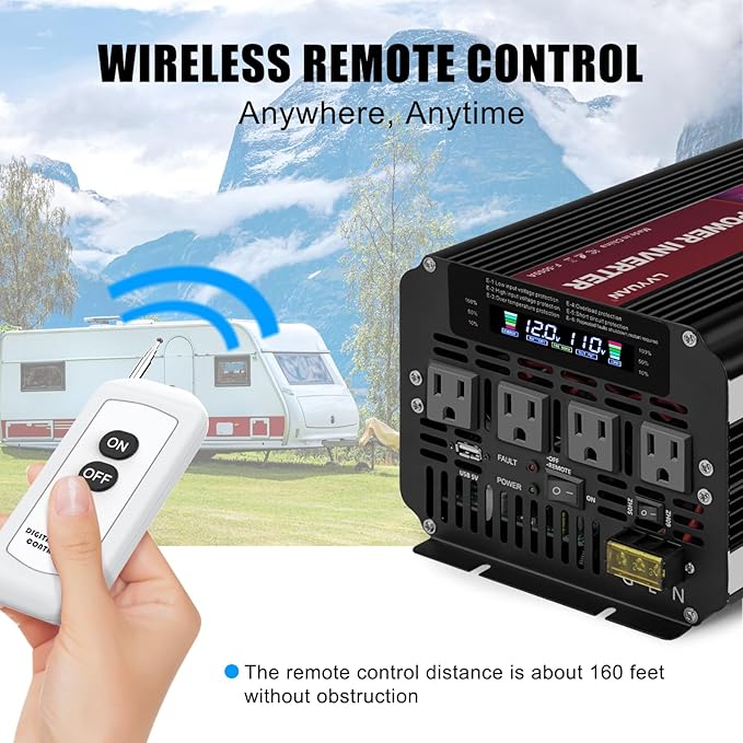 LVYUAN 5000 Watt Power Inverter 12V to 110V 120V for Vehicle, Solar Inverter System, Heavy Duty, RV, Truck, Off Grid,Camping with 4 AC Outlets, LCD Display, Wireless Remote Control, Car Power Inverter