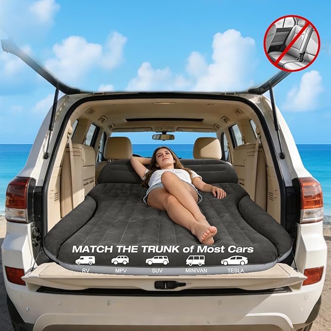 SUV Air Mattress, Double-Sided Thick Flocked Car Air Mattress with Built-in Pump & Pillow, Complete Sleeping Accessories for Auto Camping & Road Trips（Dark Coffee）