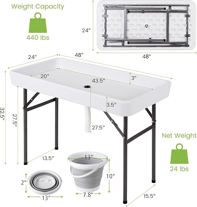 Giantex 4 FT Folding Ice Cooler Table with Drain & Bucket, Removable Skirt, No Assembly, Portable Fill and Chill Table for Food Drink Beverage, Foldable Party Ice Bin for Camping BBQ, White