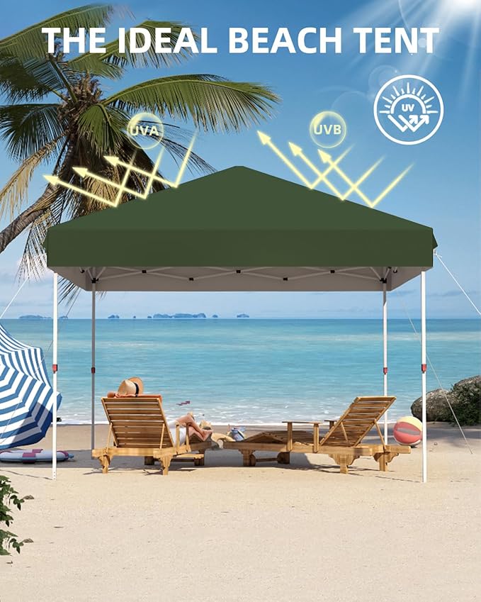 GarveeLife 10x10 Pop Up Canopy with One Button Push Setup - Heavy Duty Outdoor Canopy Tent with Portable Roller Bag - 3 Adjustable Height, 4 Weight Bags, 8 Stakes & 4 Guy Ropes Included, Green