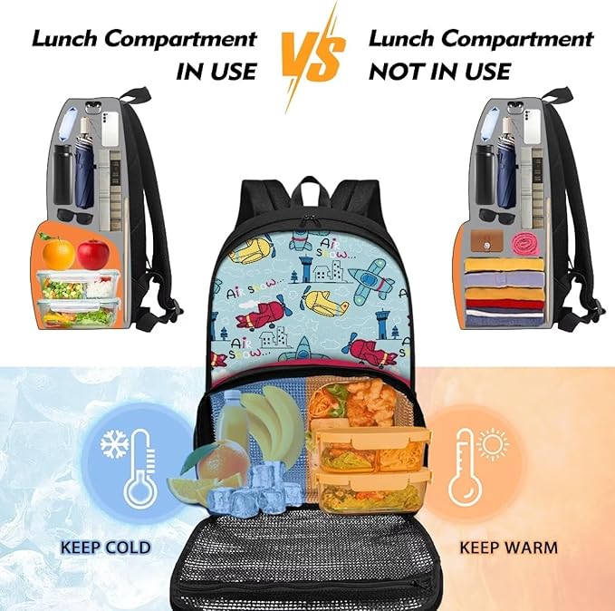 Lunch Backpack for School Picnic, 17 Inch Insulated Cooler Backpack With Lunch Compartment Meal Bag, Unisex Large Capacity Travel Casual School Bag Laptop Backpack, Cartoon Planes