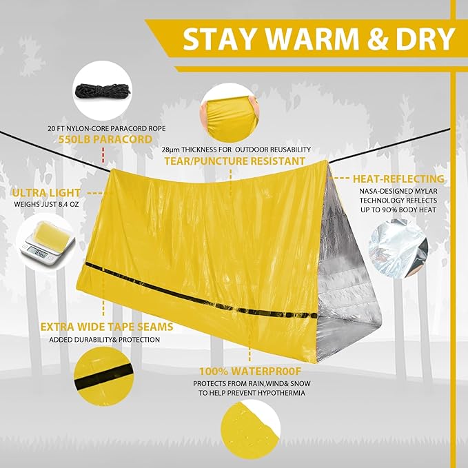 1-Pack Survival Life Tent - 1Person Mylar Shelter, Tube Tent with Paracord, All-Weather for Camping, Hiking, Survival Kits-Yellow