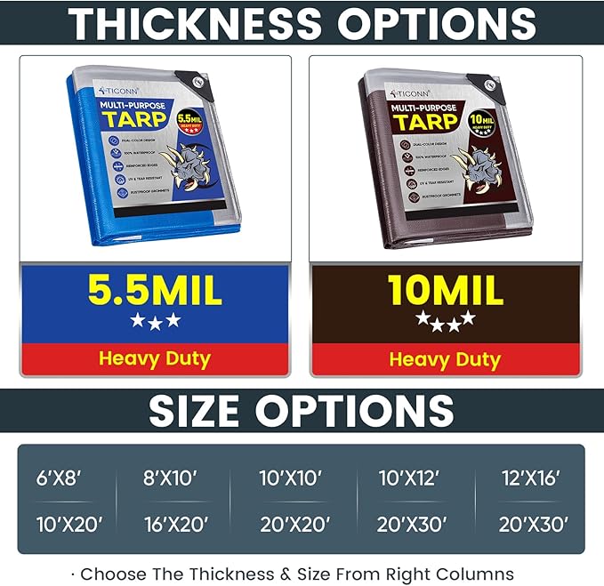 TICONN Heavy Duty Tarp Cover, Extra Thick Tarps Waterproof Tear and Rip Proof UV Resistant Tarpaulin with Reinforced Grommets and Edges (10 Mil/2PK, 10'×12')