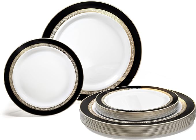 OCCASIONS 50-Piece Plastic Plates Set for 25 Guests – Heavy Duty Disposable Dinner & Dessert Plates, BPA-Free,Fancy Party/Wedding Dinnerware, Ritz Black & Gold