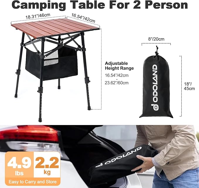 Odoland Folding Camping Table, Adjustable Height Large Portable Picnic Table with Storage Bag for Outdoor Camp, Cooking, Beach, Travelling, Backyards, Fishing