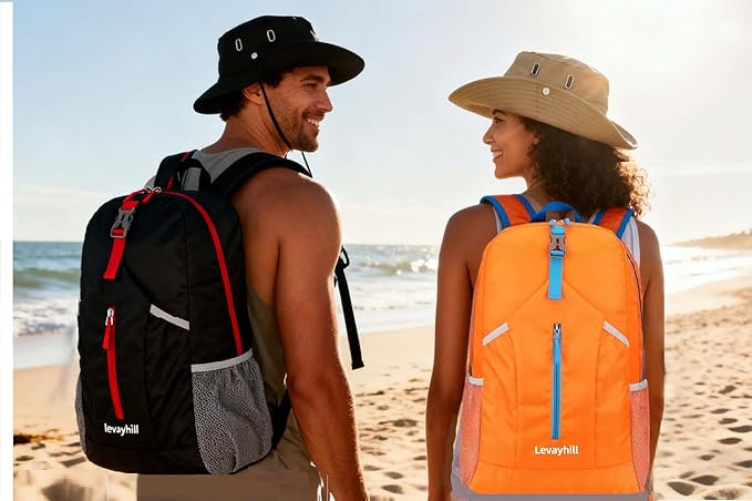 25L Foldable Backpack & Bucket Hat 2 IN1 Combo, Lightweight packable Travel Set, Compact Daypack Sun Fisherman Hat (Black)