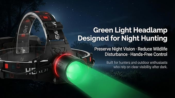 GRACETOP Green LED Headlamp Rechargeable, Zoomable Headlamp with 3 Modes, Hands-Free IPX4 Waterproof for Hunting, Hiking, Camping & Fishing