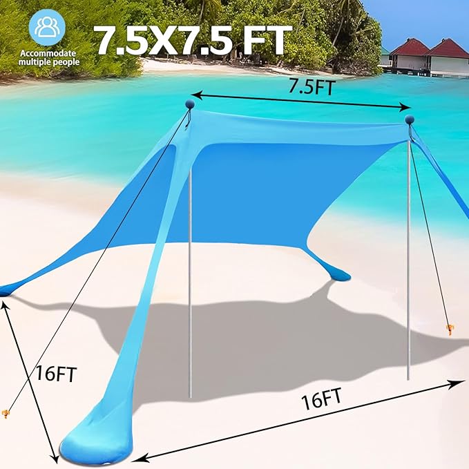 Beach Canopy Beach Tent Sun Shelter 7.5X7.5 FT Beach Shade Canopy UPF50+ Sun Protection Windproof Ropes Carry Bag Easy to Setup for Family Outdoor Camping