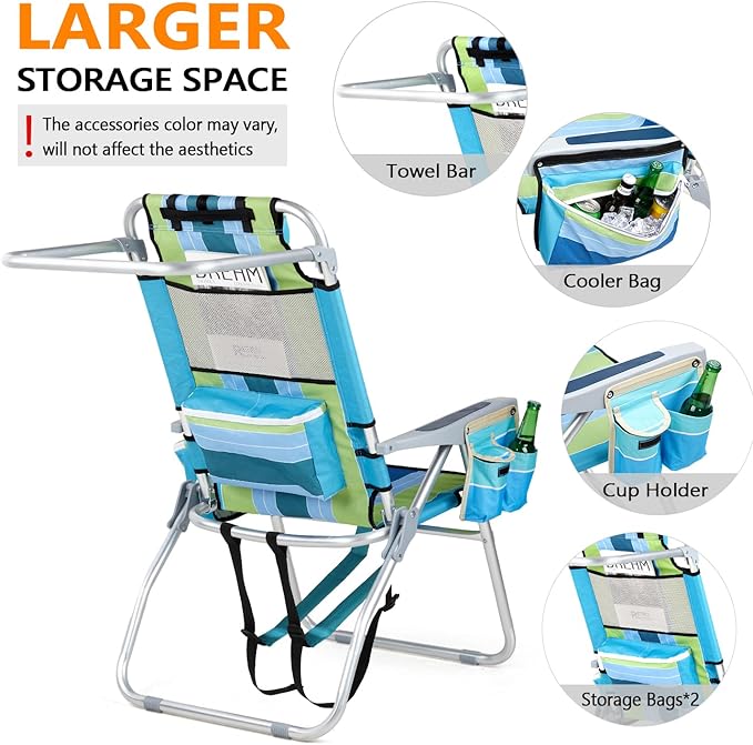 VINGLI Tall Beach Chair 2 Pack Lightweight, Backpack Beach Chair for Adults with 5-Position, Cooler Bag, Cup Holders, Towel Bar, Lightweight Folding Beach Camping Chairs （Blue/Green-16