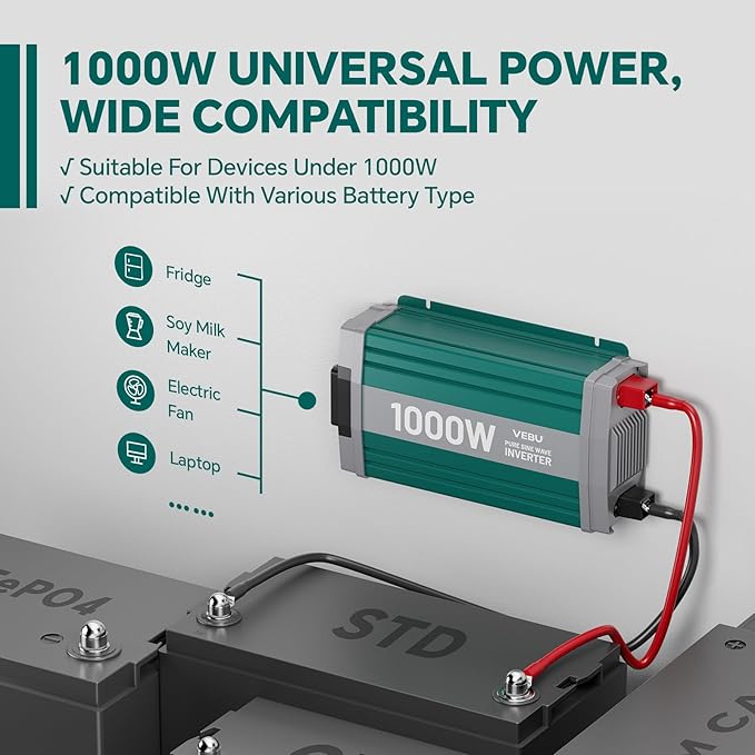 1000W Pure Sine Wave Inverter with ATS Mode, 12V DC to AC 120V Converter for Off-Grid System, RV, Truck, Camping, Peak 2000W