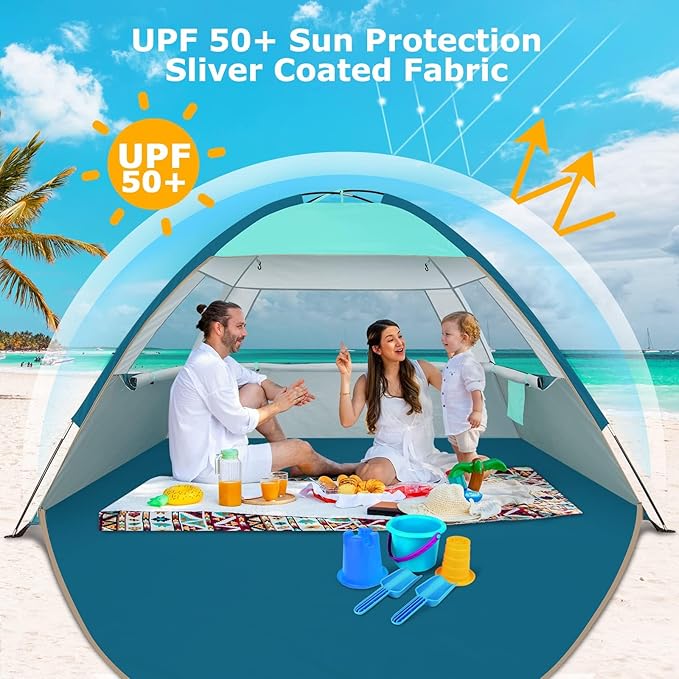 COMMOUDS Beach Tent Sun Shade for 3/4/6/8 Person, UPF 50+ Beach Sun Shelter Canopy Tent, Lightweight, Easy Set Up and Carry
