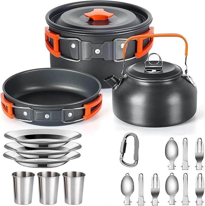Compatible for Camping Cooking Set Cookware Travel Tableware Outdoor Picnic Teapot for 2-3 Peaple Non-Stick Pots Assorted Sets