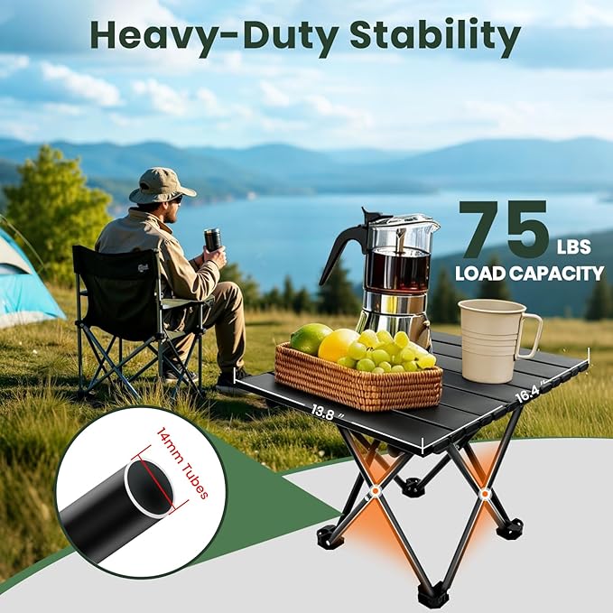 2 Pack Portable Camping Table Foldable, Ultralight Small Folding Beach Table with Carry Bag for Outdoor Travel, Beach, Camp, Picnic, BBQ, Cooking, Festival, Boat, Home Use (Black-S)